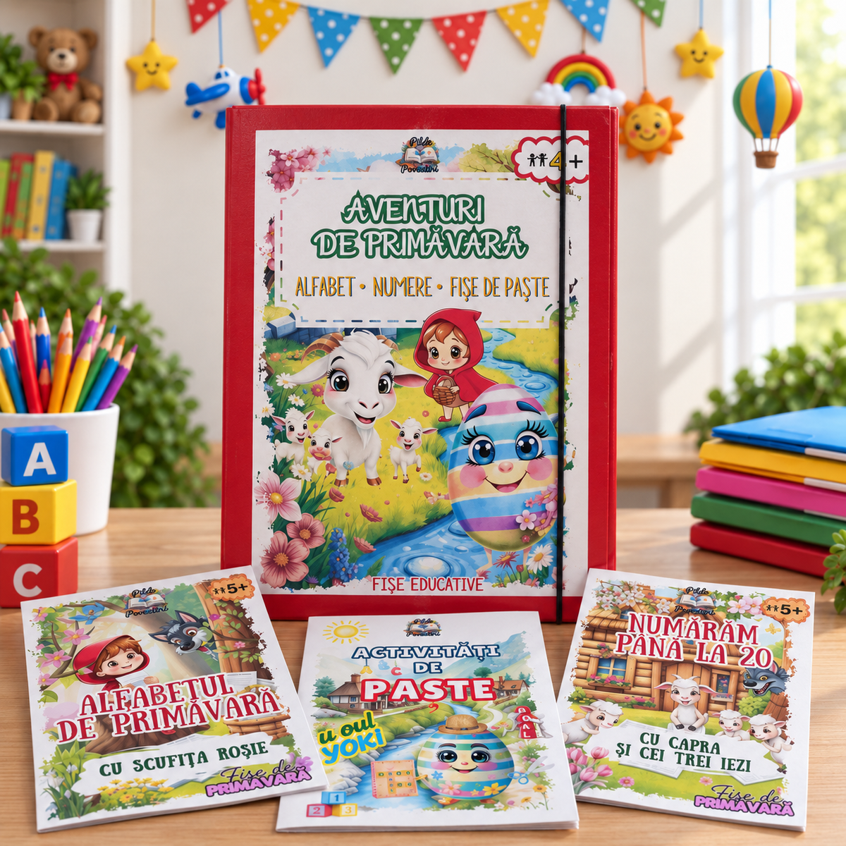 📘 Mapa educativă „Aventuri de Primăvară” – Povești, Litere, Numere și Joacă - Set Educativ 3 în 1