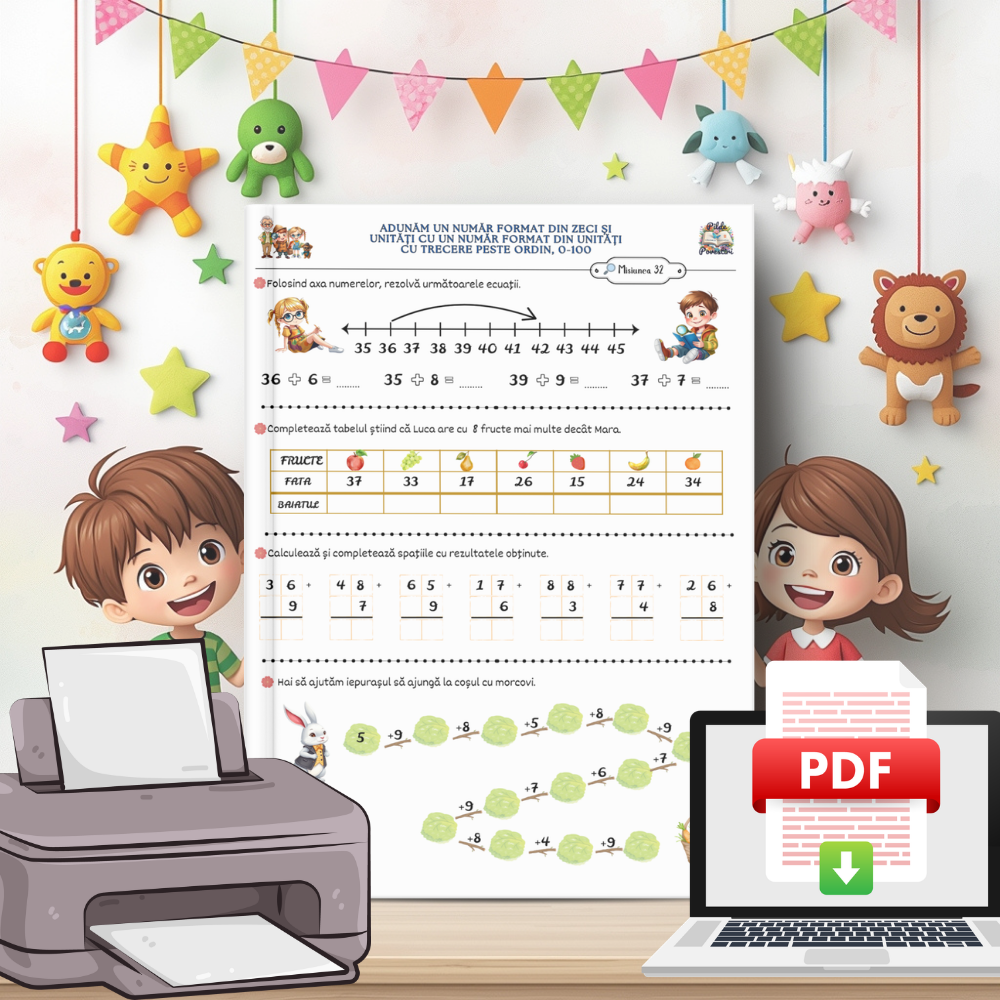 Fișe cu adunări și scăderi pentru clasa 1 în format PDF | Exerciții matematică clasa 1