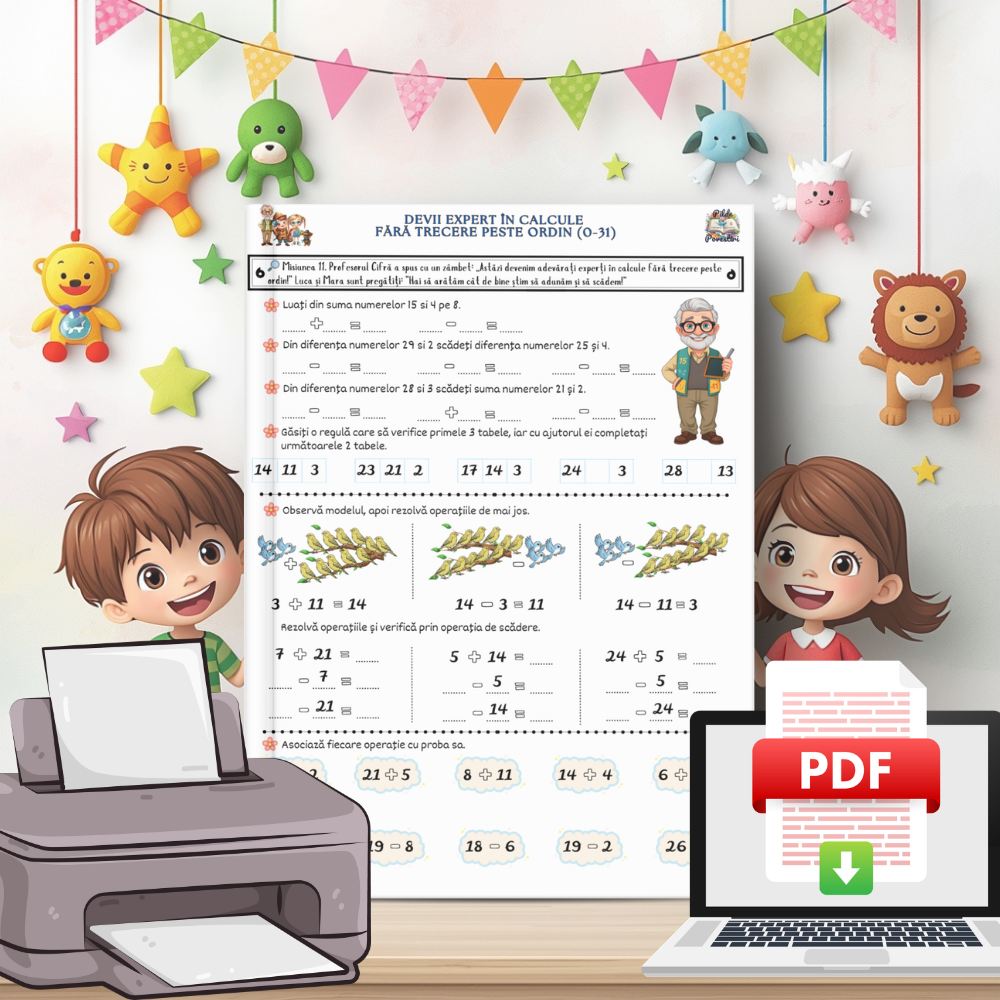 Fișe cu adunări și scăderi pentru clasa 1 în format PDF | Exerciții matematică clasa 1