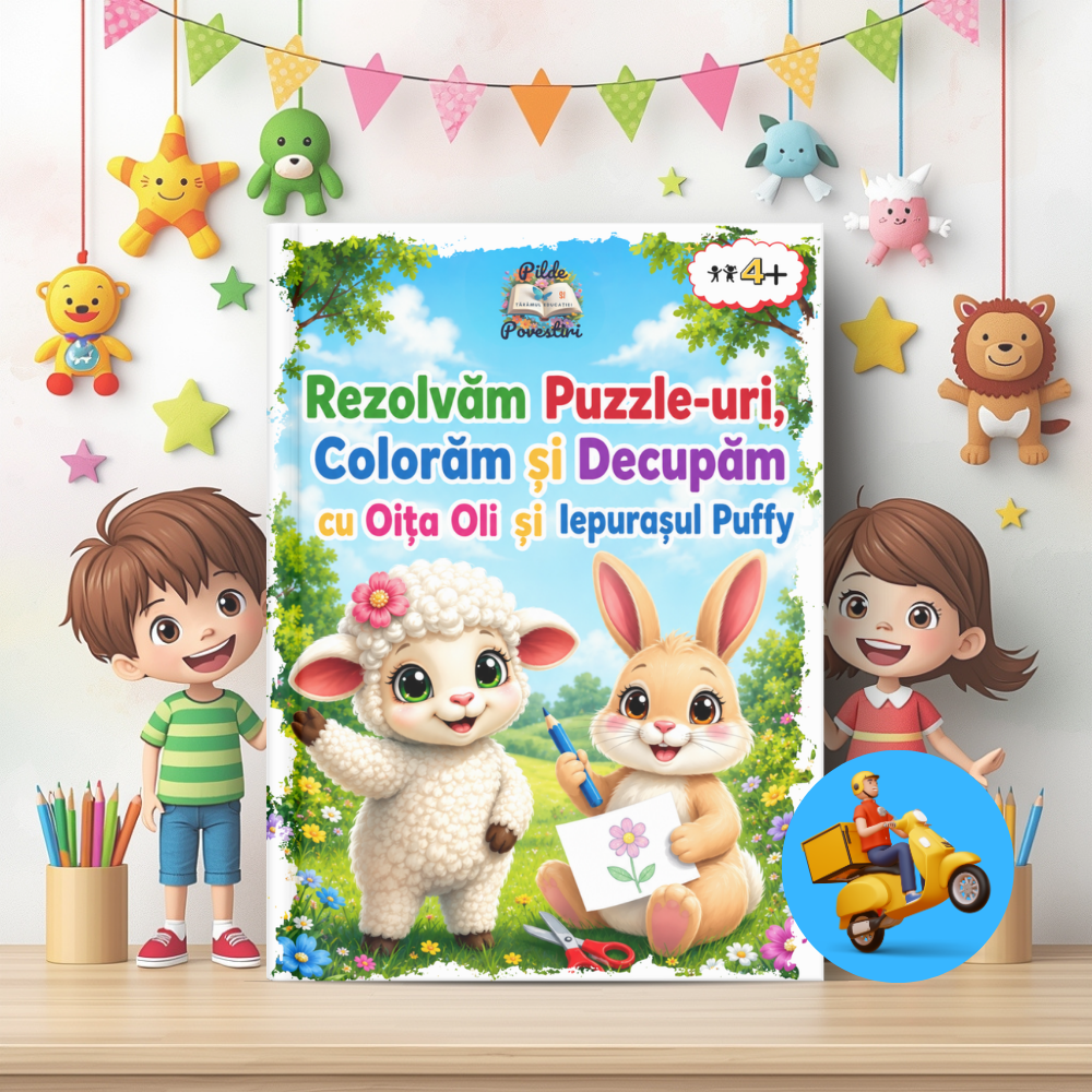 Mapa cu Fișe de Decupat pentru Copii – Rezolvăm Puzzle-uri, Colorăm și Decupăm cu Oița Oli și Iepurașul Puffy