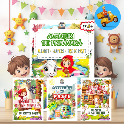 📘 Mapa educativă „Aventuri de Primăvară” – Povești, Litere, Numere și Joacă - Set Educativ 3 în 1